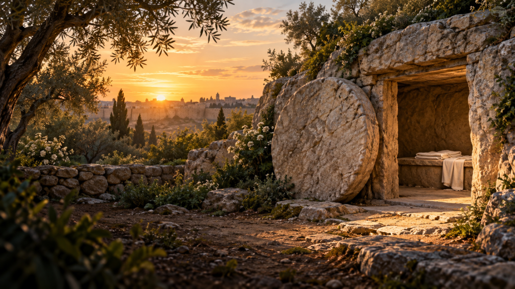 Illustration of the empty tomb and rolled stone in a garden at sunrise