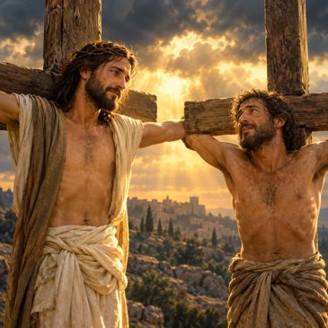 Illustration of Jesus and the criminal beside him on crosses