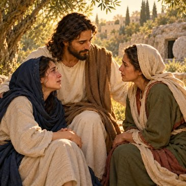 Illustration of Jesus comforting Martha and Mary