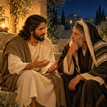 Illustration of Jesus answering Nicodemus by lamplight