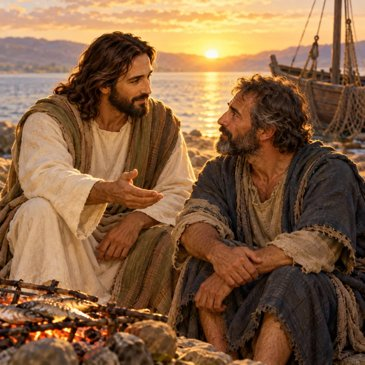 Illustration of Jesus speaking with Peter beside the lake