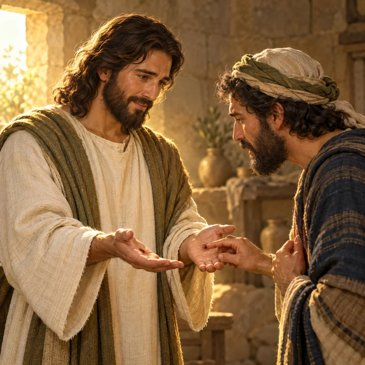 Illustration of the risen Jesus meeting Thomas