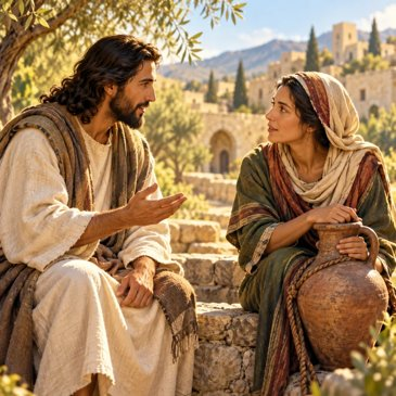 Illustration of Jesus speaking with a Samaritan woman at a well