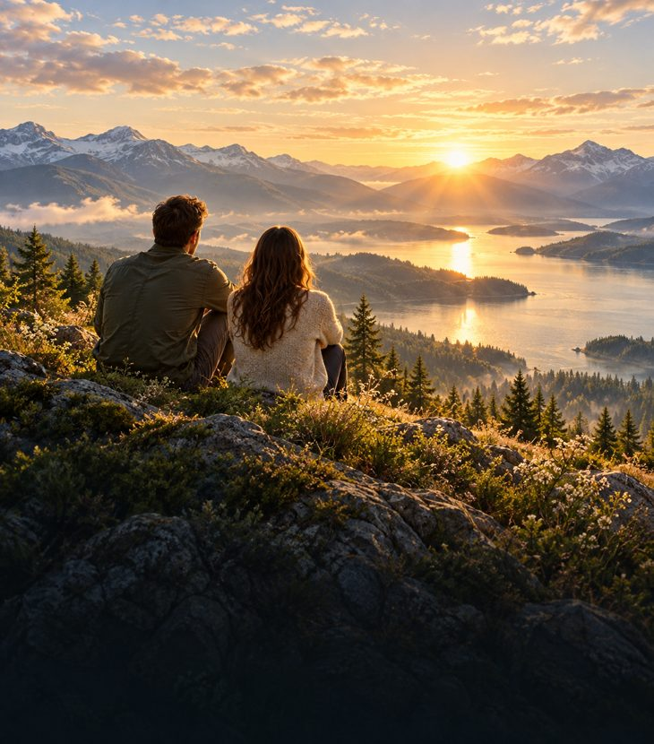 Two people looking over a mountain lake at sunrise