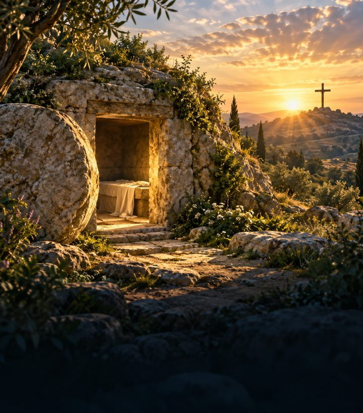 An empty garden tomb at sunrise with a cross on the distant hill