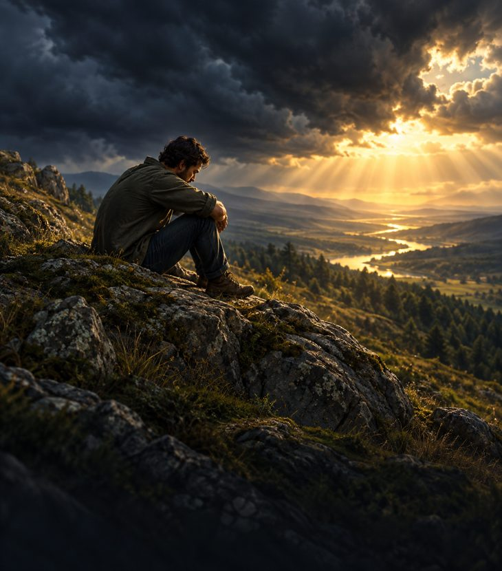 A person reflecting on a hillside beneath dark clouds