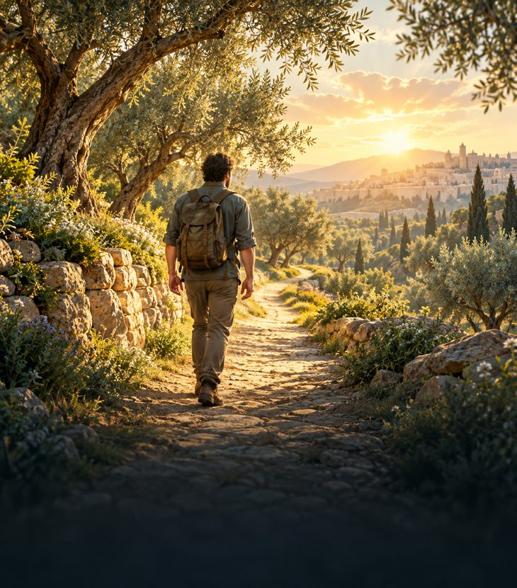 A person walking along a sunlit path through an olive garden