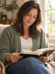 A woman reading the Bible in warm window light