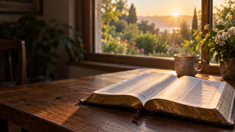 An open Bible beside a window in warm morning light