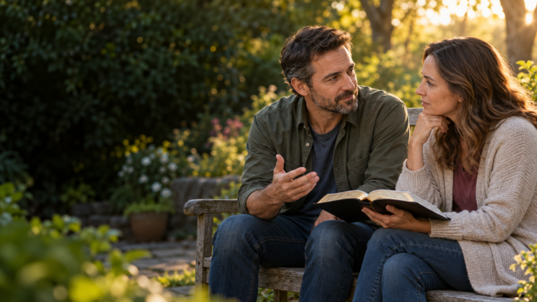 A caring conversation in a sunlit garden