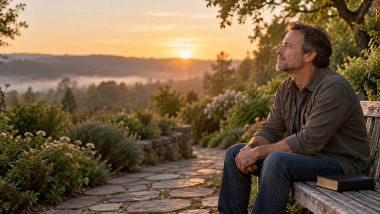 A man sitting quietly on a garden bench at sunrise
