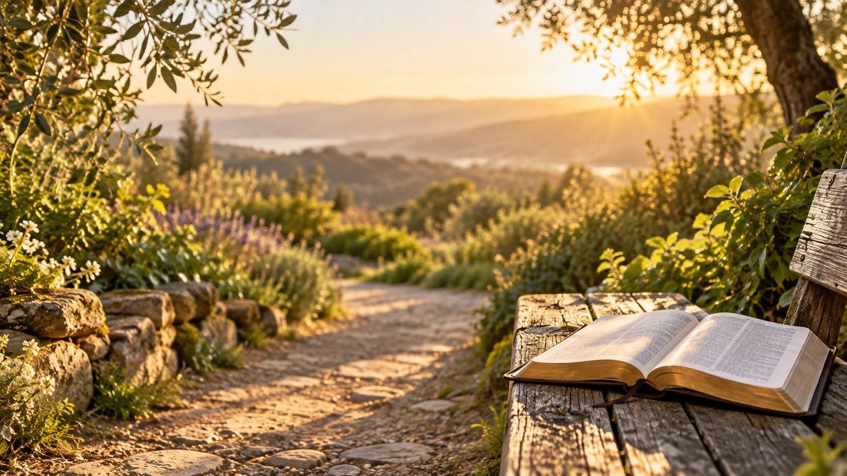 An open Bible beside a sunlit garden path