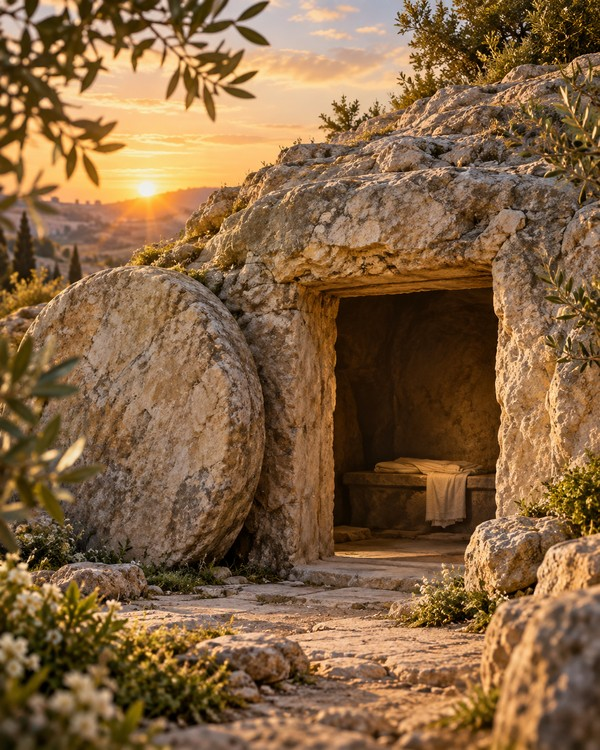 An illustration of the empty tomb at sunrise